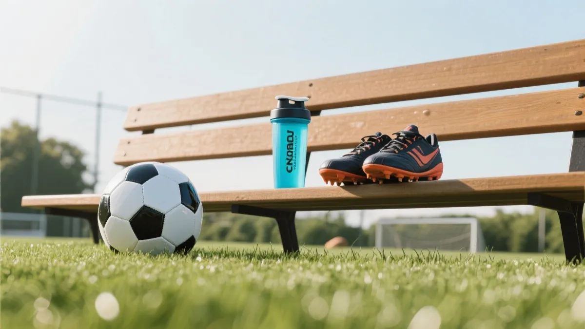 草地球场边的水壶与电解质饮料，体现仿赛程补水节奏