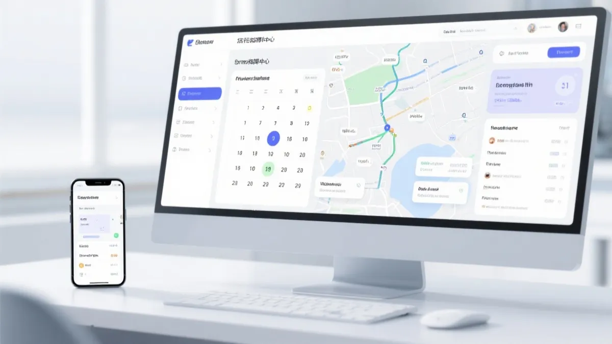 手机与电脑屏幕展示观赛指挥中心：地图图层、日历提醒与行程卡片联动